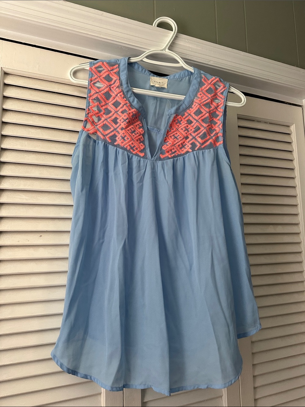 Everly Light Blue Sleeveless Top with Coral Embroidered Yoke